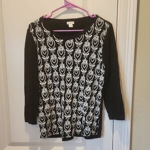 J. Crew Black and White Long Sleeve Embroidered Top